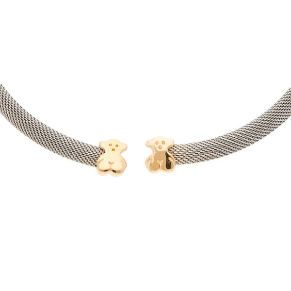 Juego de gargantilla, pulsera y anillo eslabón trenzado motivo osos firma Tous en acero y oro amarillo 18 kilates.
