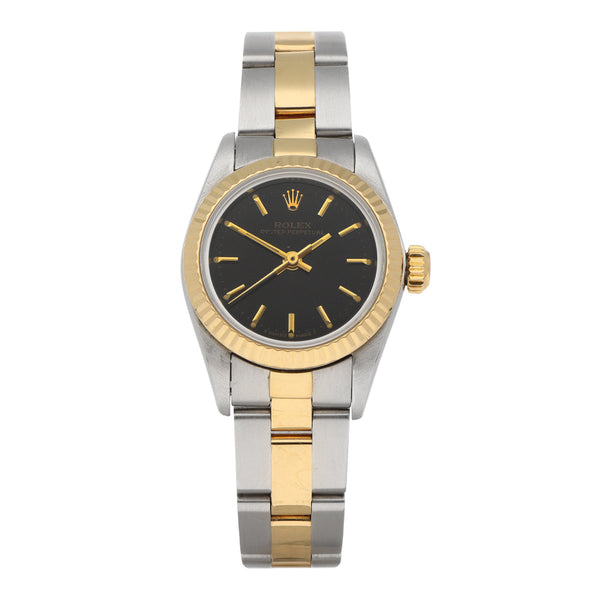 Reloj Rolex para dama modelo Oyster Perpetual en acero vistas oro amarillo 18 kilates.