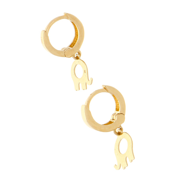 Arracadas articuladas con colgantes motivo elefante en oro amarillo 14 kilates.