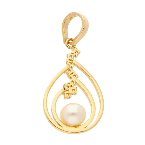 Dije hechura especial con perla y sintéticos en oro amarillo 14 kilates.