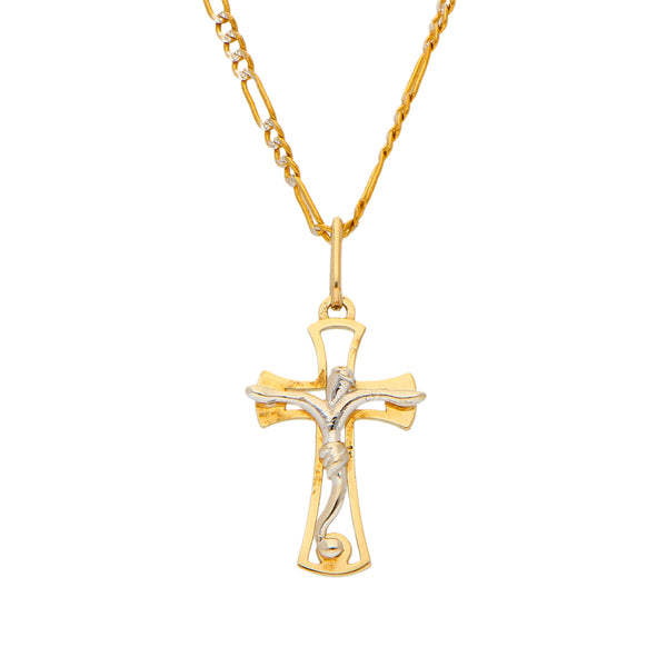 Collar de tres eslabones por uno diamantado crucifijo estilizado en oro dos tonos 14 kilates.