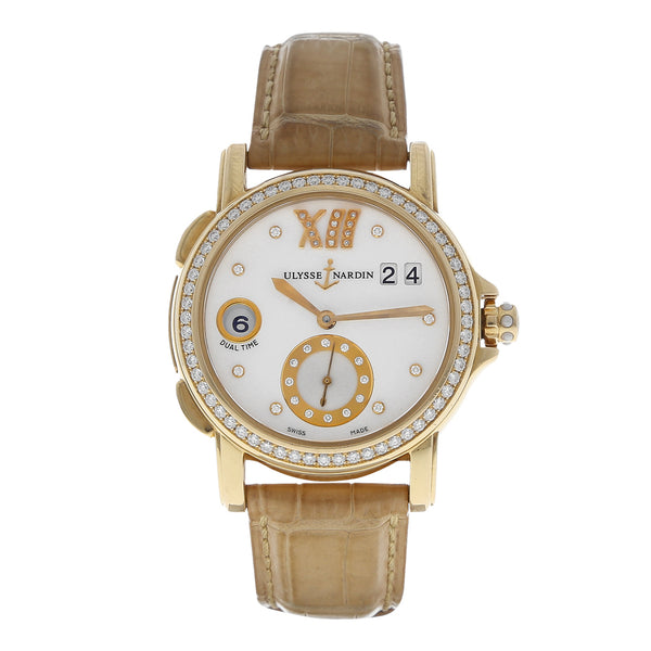 Reloj Ulysse Nardin para dama modelo Dual Time caja en oro amarillo 18 kilates.