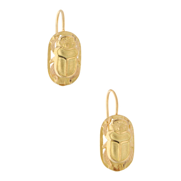 Aretes calados motivo escarabajo en oro amarillo 18 kilates.