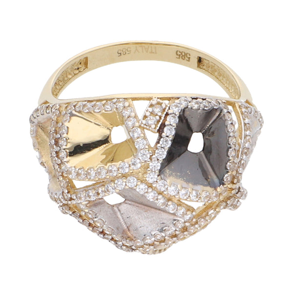 Anillo hechura especial con sintéticos en oro dos tonos 14 kilates.