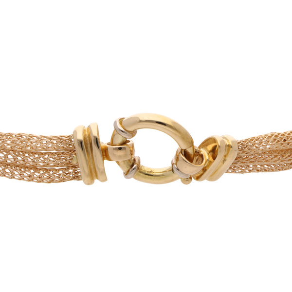 Pulsera eslabón tejido tres hilos con sintéticos en oro amarillo 18 kilates.