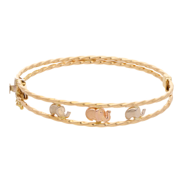 Pulsera articulada torzal dos hilos motivo elefantes en oro tres tonos 18 kilates.