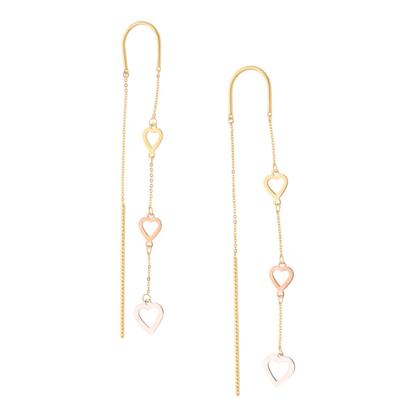 Aretes hechura especial con colgantes motivo corazones y tubos en oro tres tonos 14 kilates.