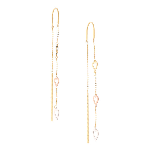 Aretes hechura especial con colgantes motivo corazones y tubos en oro tres tonos 14 kilates.