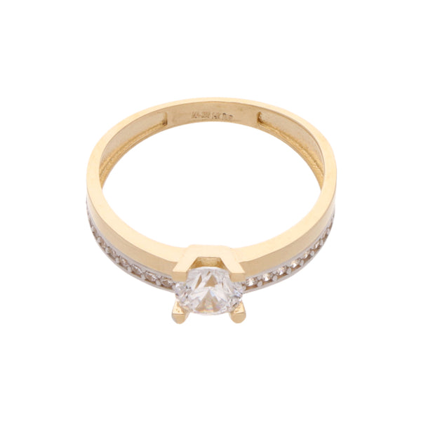 Anillo calado con sintéticos en oro dos tonos 14 kilates.