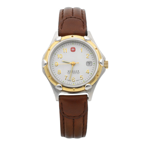 Reloj Wenger para dama en acero inoxidable correa piel.