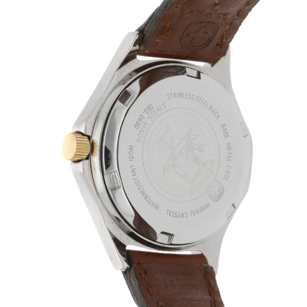 Reloj Wenger para dama en acero inoxidable correa piel.