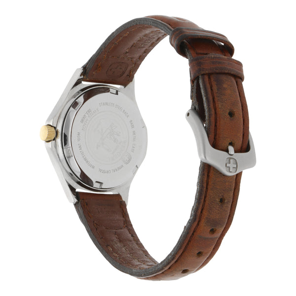 Reloj Wenger para dama en acero inoxidable correa piel.