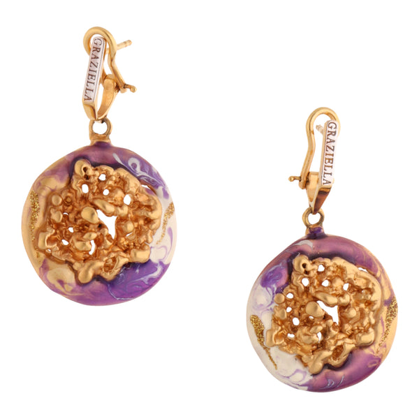 Aretes hechura italiana firma Graziella con esmalte en oro amarillo 14 kilates.