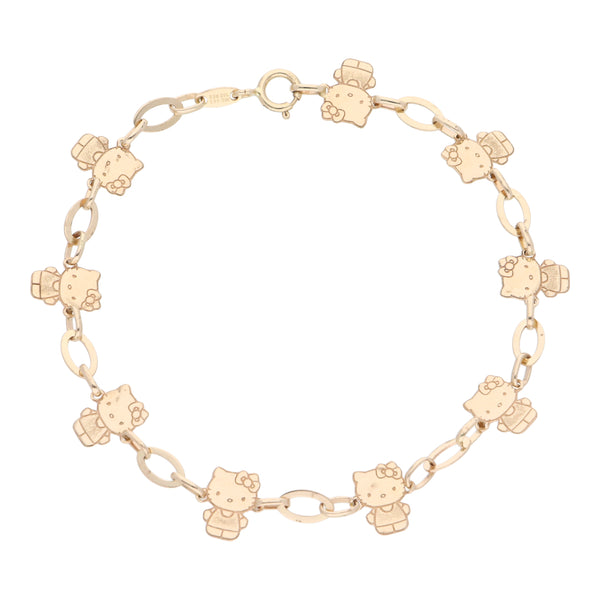 Pulsera eslabón combinado motivo kitty en oro amarillo 14 kilates.