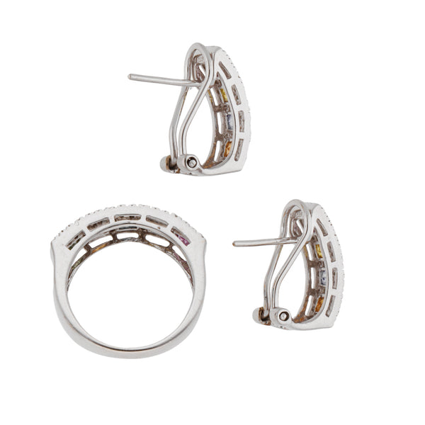 Juego de anillo y aretes hechura especial con cuarzos y diamantes en oro blanco 14 kilates.