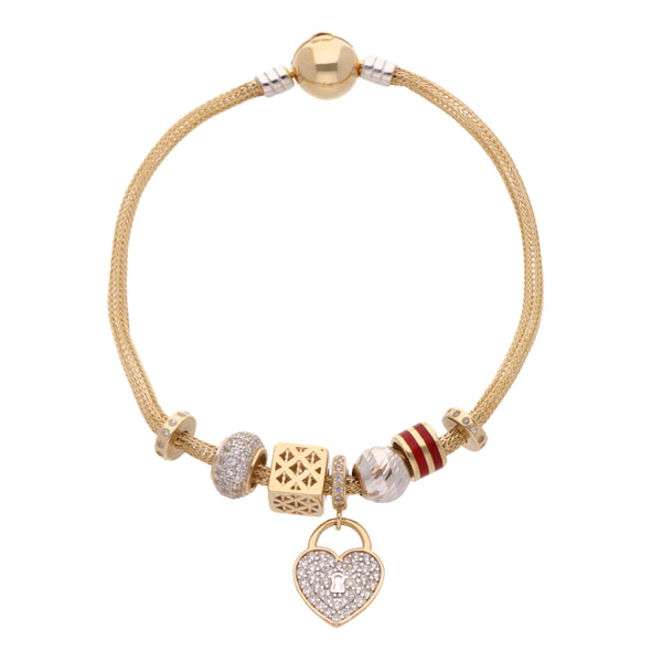 Pulsera eslabón tejido con dijes motivo cubo, corazón y esferas con sintéticos y esmalte en oro dos tonos 14 kilates.