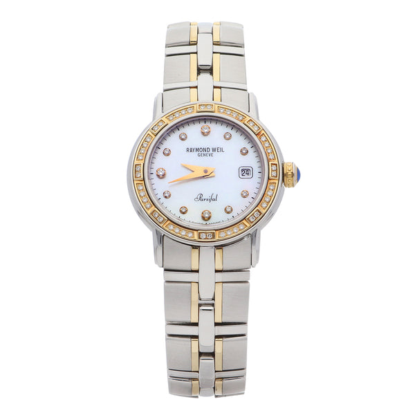 Reloj Raymond Weil para dama modelo Parsifal vistas en oro amarillo 18 kilates.