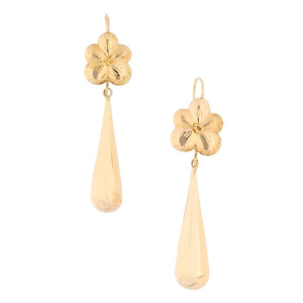 Aretes hechura especial motivo flor con colgantes en oro amarillo 18 kilates.