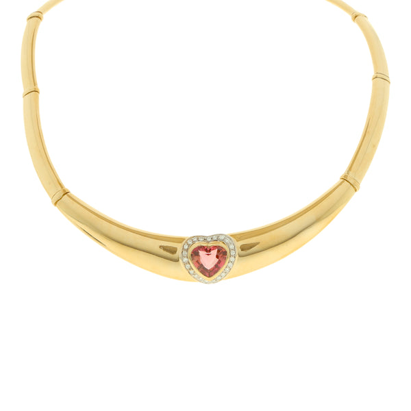 Gargantilla eslabón articulado motivo corazón con cuarzo y diamantes en oro dos tonos 18 kilates.