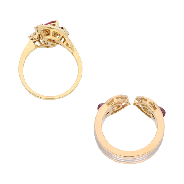 Anillo hechura especial en oro amarillo, anillo abierto con diamantes y rubies en oro dos tonos 18 kilates.