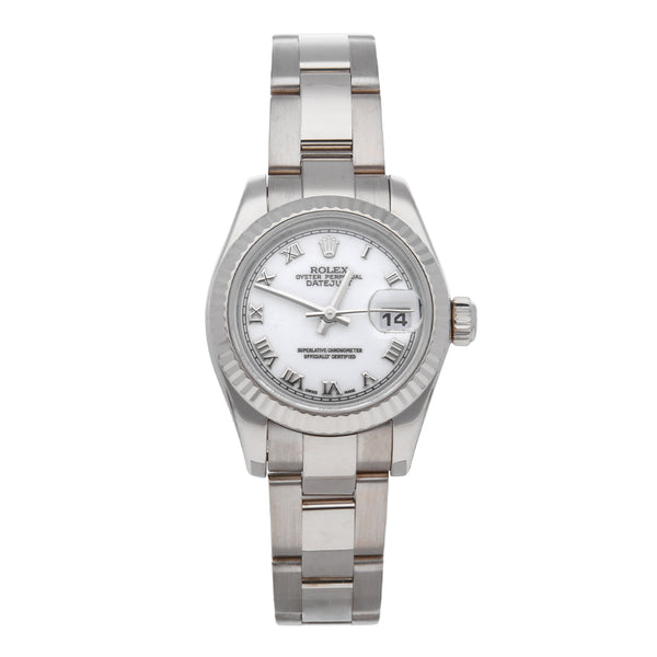 Reloj Rolex para dama modelo Oyster Perpetual DateJust en oro blanco 18 kilates.