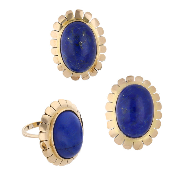 Juego de anillo y aretes estilizados con lapislazuli en oro amarillo 14 kilates.