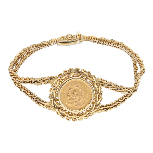 Pulsera de dos hilos eslabón boleado con moneda de dos y medio pesos oro mexicano 21.6 kilates y oro amarillo 18 kilates.