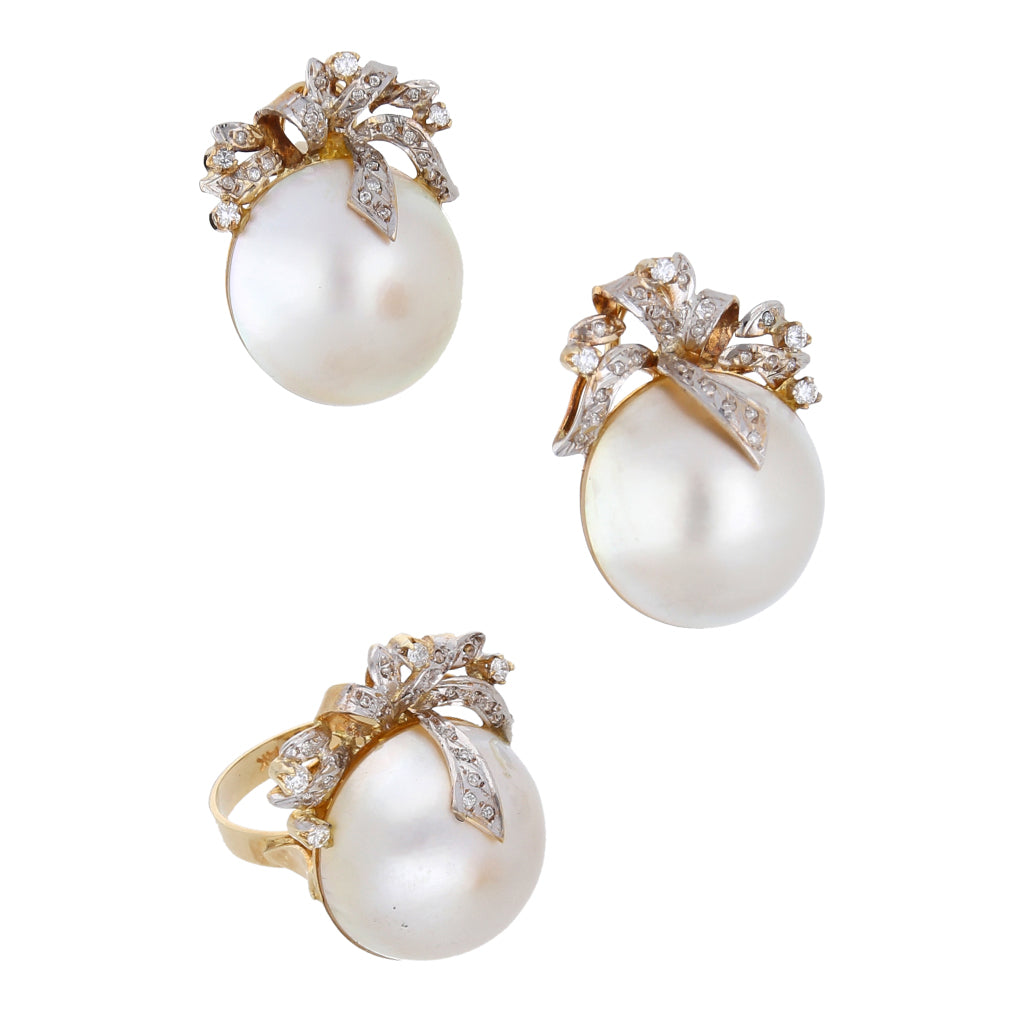 Destello humedad Abierto Juego de anillo y aretes diseño especial con medias perlas y diamantes –  Nacional Monte de Piedad