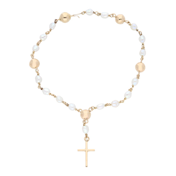 Pulsera tipo rosario con eslabón combinado y perlas en oro amarillo 14 kilates.