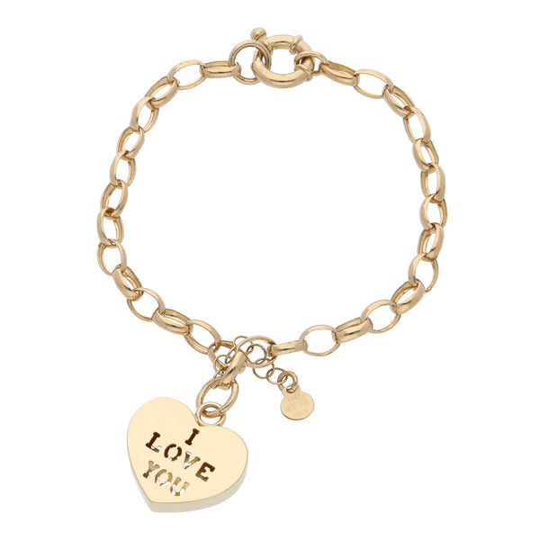 Pulsera eslabón cruzado con dije motivo corazón en oro amarillo 14 kilates.