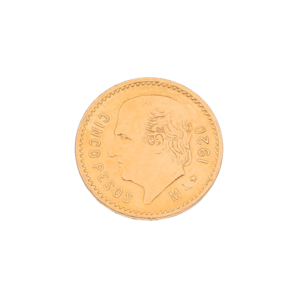 Moneda de cinco pesos oro mexicano amarillo 21.6 kilates.