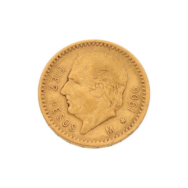 Moneda de diez pesos oro mexicano amarillo 21.6 kilates.