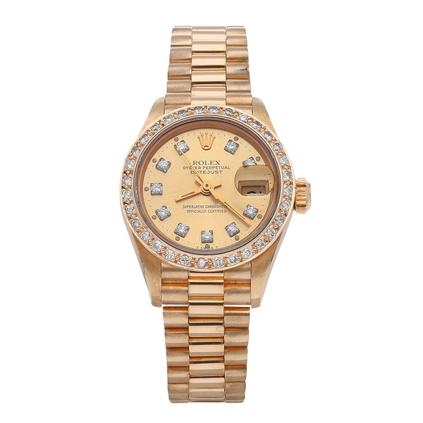 Reloj Rolex para dama modelo Oyster Perpetual DateJust en oro amarillo 18 kilates.