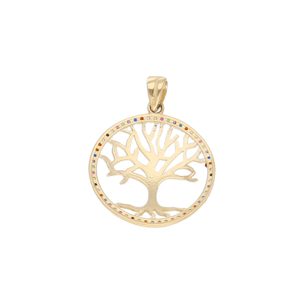 Dije diseño especial motivo árbol con sintéticos en oro amarillo 14 kilates.