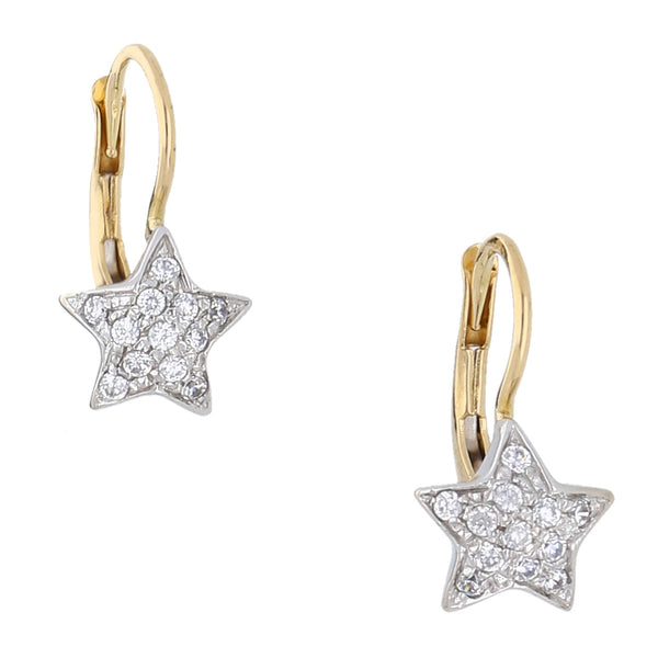 Aretes diseño especial motivo estrella con sintéticos en oro dos tonos 18 kilates.