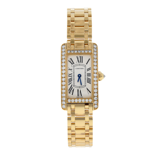 Reloj Cartier para dama modelo Tank Américaine en oro amarillo 18 kilates.