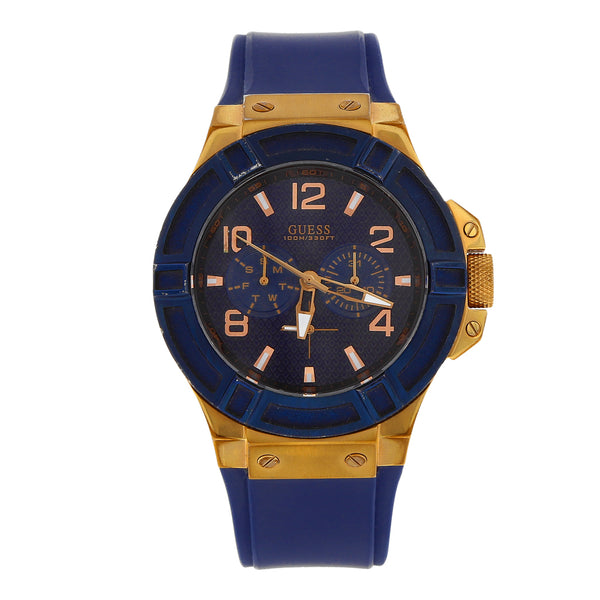 Reloj Guess para caballero en acero chapa correa caucho.