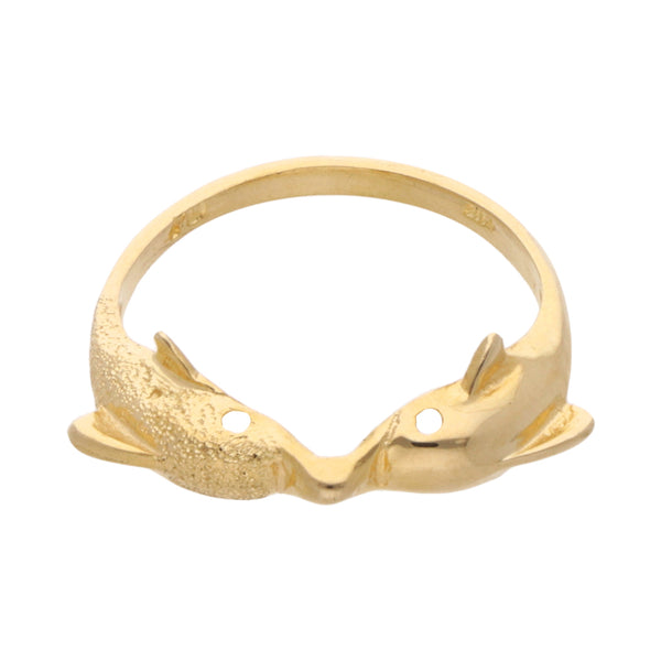 Anillo diseño especial motivo delfines en oro amarillo 14 kilates.