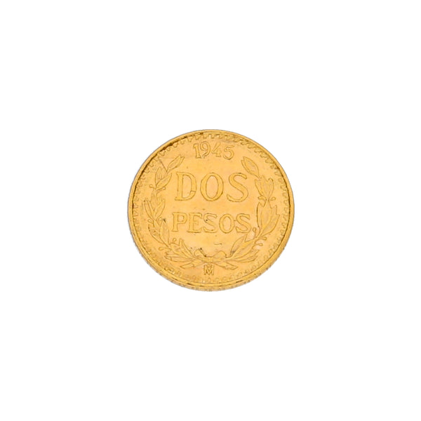 Moneda de dos pesos oro mexicano amarillo 21.6 kilates.