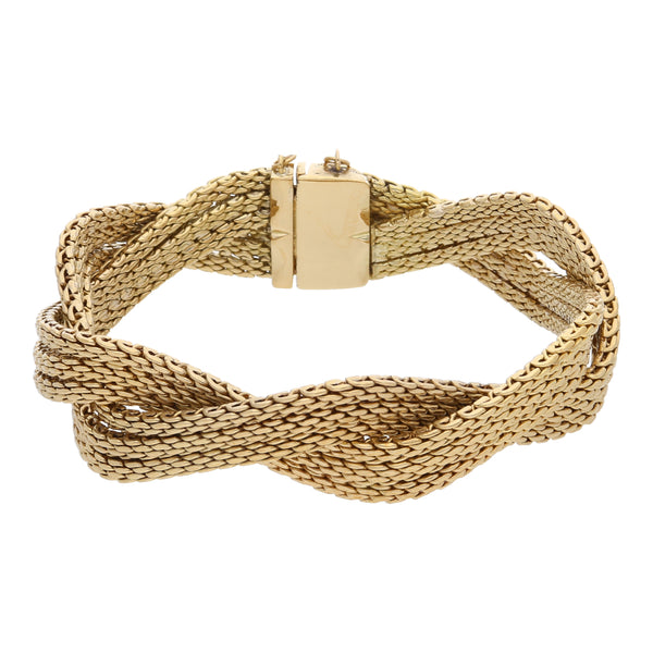 Pulsera seis hilos eslabón tejido trenzado en oro amarillo 18 kilates.