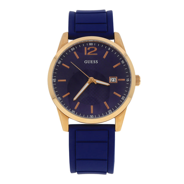 Reloj Guess para caballero en acero chapa correa caucho.