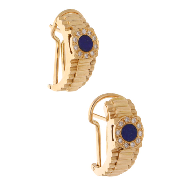 Aretes diseño especial con diamantes y lapislazuli en oro amarillo 18 kilates.