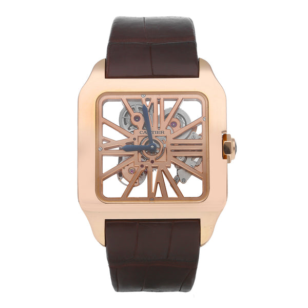 Reloj Cartier para caballero modelo Santos Dumont Skeleton caja en oro rosa 18 kilates.