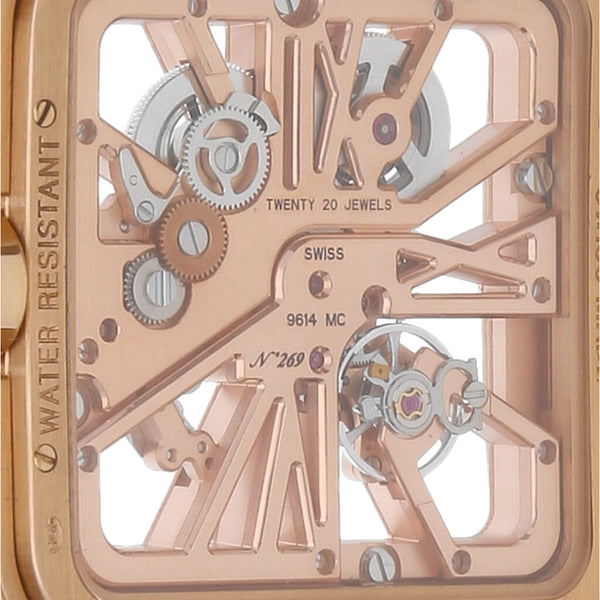 Reloj Cartier para caballero modelo Santos Dumont Skeleton caja en oro rosa 18 kilates.