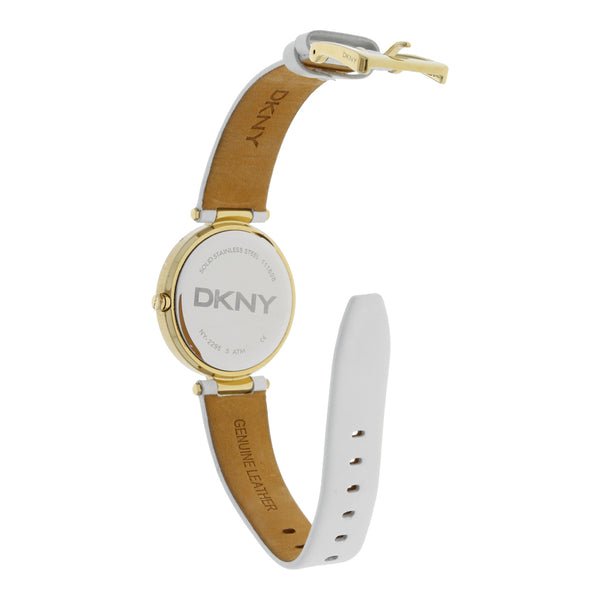 Reloj DKNY para dama en acero chapa correa piel.