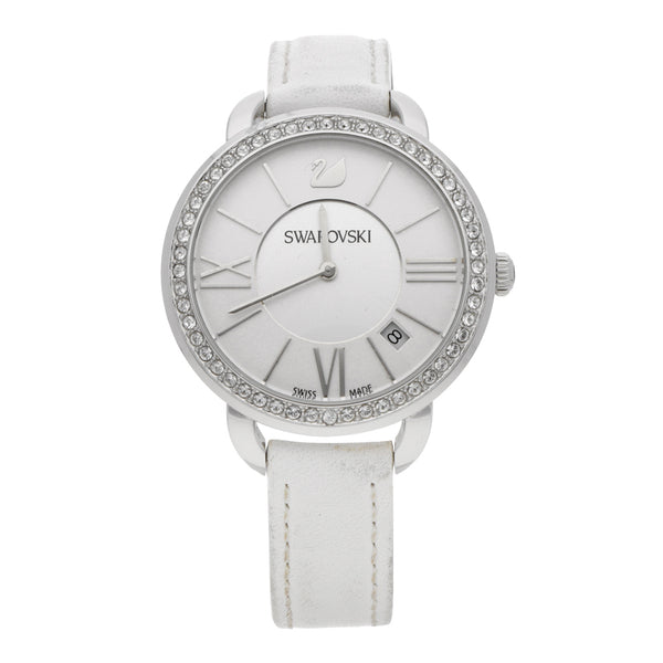 Reloj Swarovski para dama en acero inoxidable correa piel.