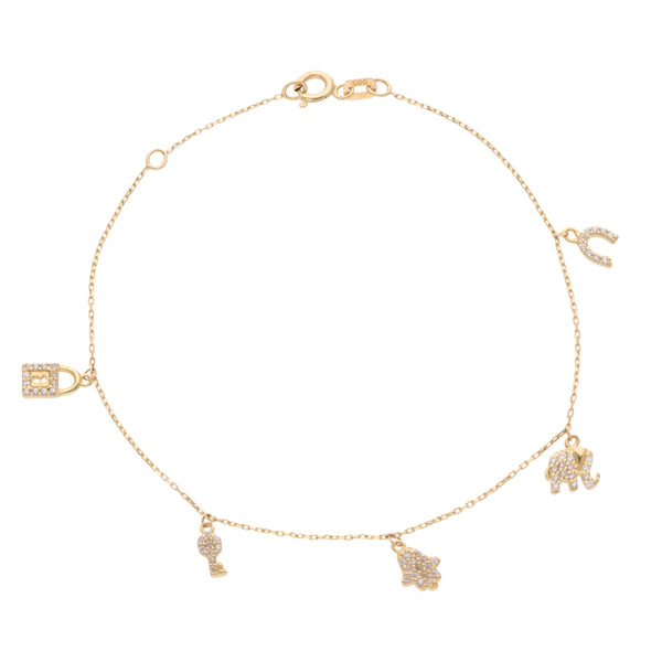 Pulsera eslabón cruzado con dijes y sintéticos en oro amarillo 14 kilates.