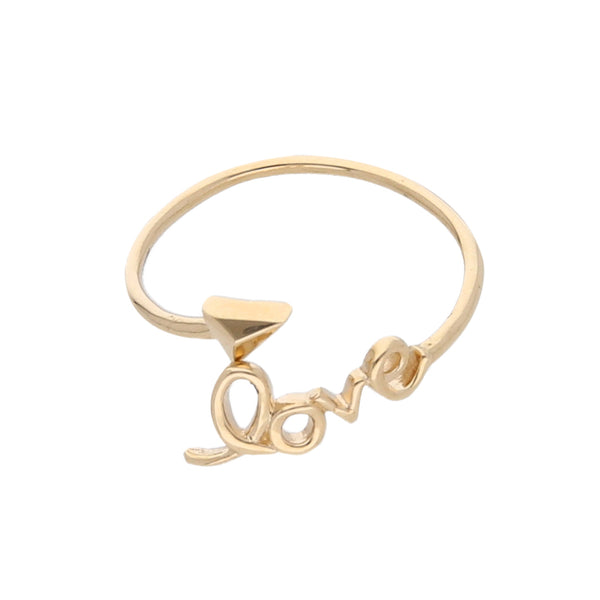 Anillo tubular abierto motivo letras en oro amarillo 14 kilates.