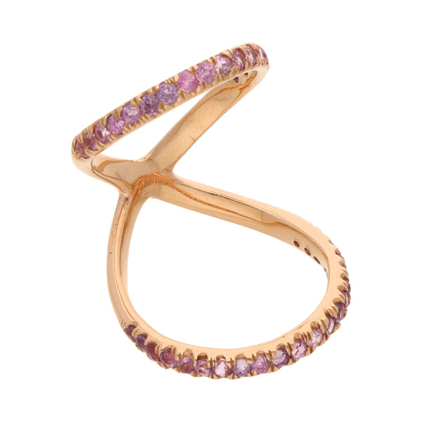 Anillo estilizado doble con diamantes en oro rosa 14 kilates.