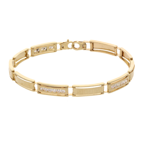 Pulsera eslabón articulado motivo grecas con sintéticos en oro amarillo 14 kilates.